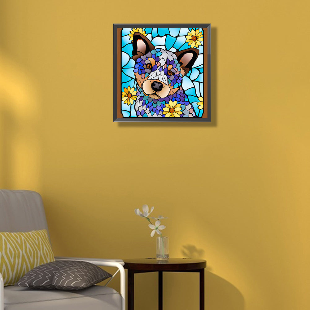 Stained Glass Art Blue High Heeled Dog - Full Round Drill Diamond Painting 40*40CM