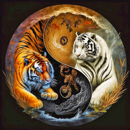 Yin And Yang Facing Each Other Tiger - Full Round Drill Diamond Painting 40*40CM