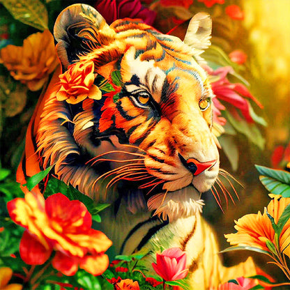 Tiger Next To Flowers - Full Round Drill Diamond Painting 40*40CM