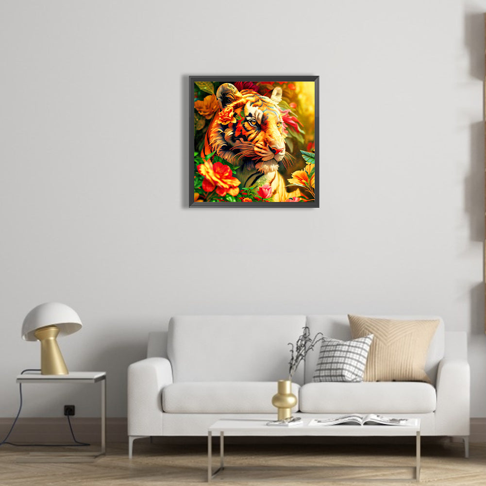 Tiger Next To Flowers - Full Round Drill Diamond Painting 40*40CM
