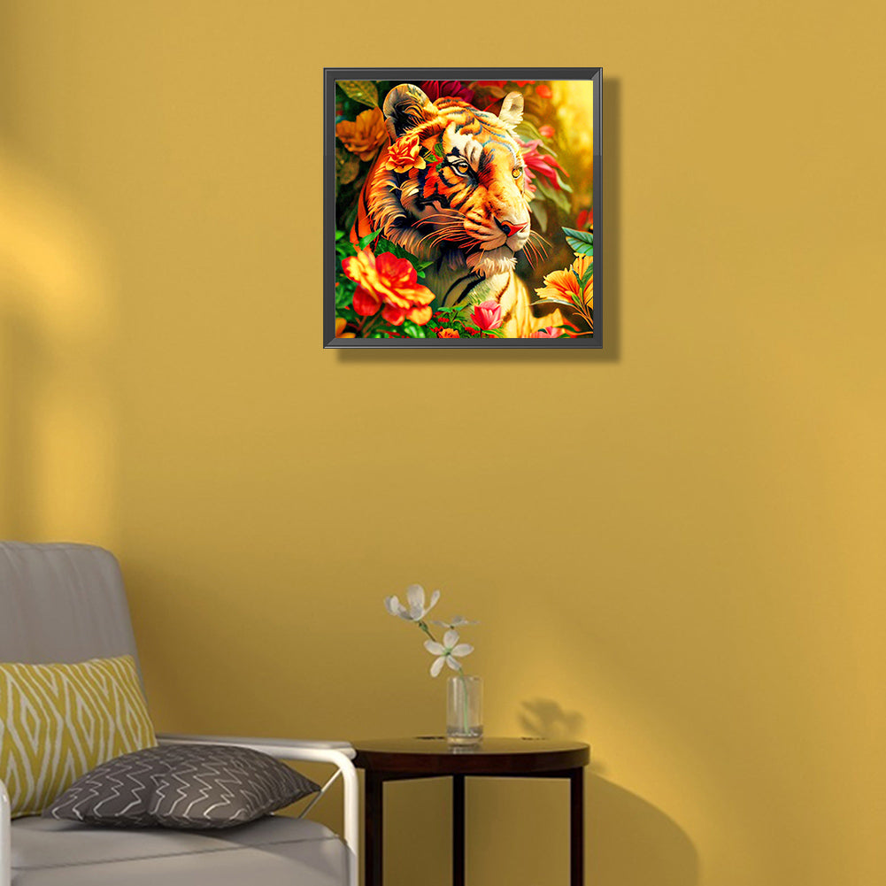 Tiger Next To Flowers - Full Round Drill Diamond Painting 40*40CM