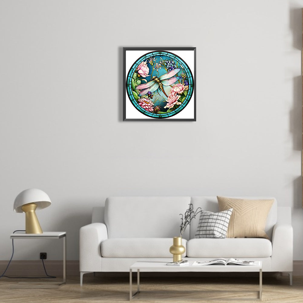 Dragonfly Painted On Round Plate Glass - Full Round Drill Diamond Painting 35*35CM