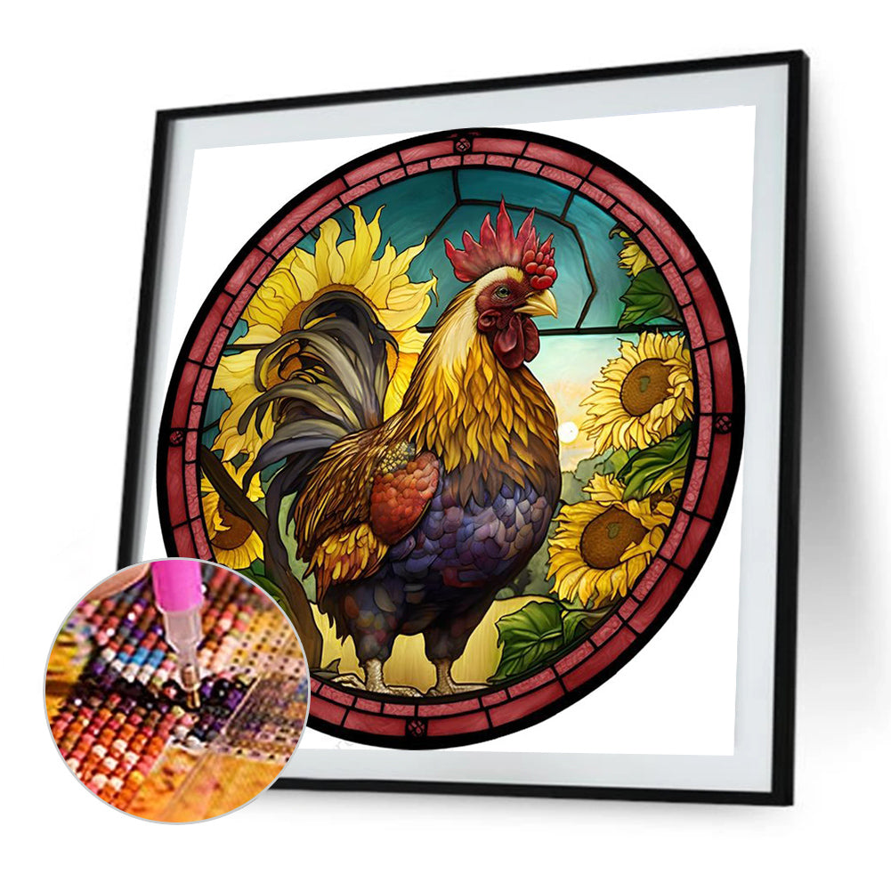 Rooster Painted On Round Plate Glass - Full Round Drill Diamond Painting 35*35CM