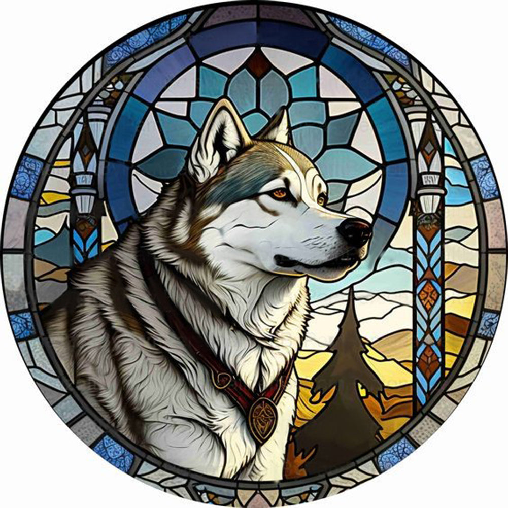 Round Plate Glass Painted Wolf - Full Round Drill Diamond Painting 35*35CM
