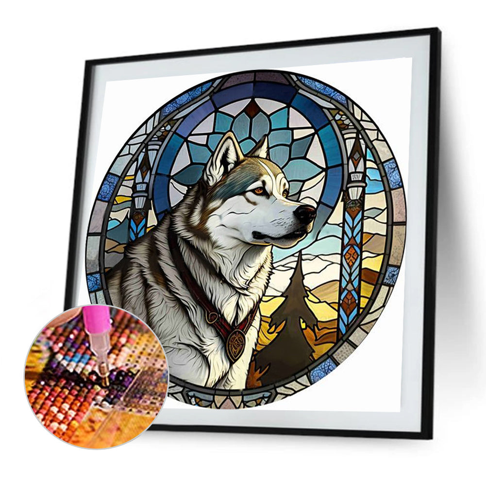 Round Plate Glass Painted Wolf - Full Round Drill Diamond Painting 35*35CM