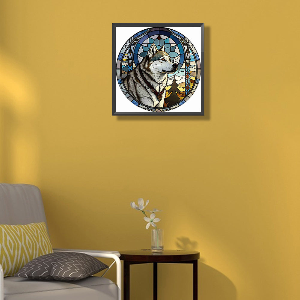 Round Plate Glass Painted Wolf - Full Round Drill Diamond Painting 35*35CM