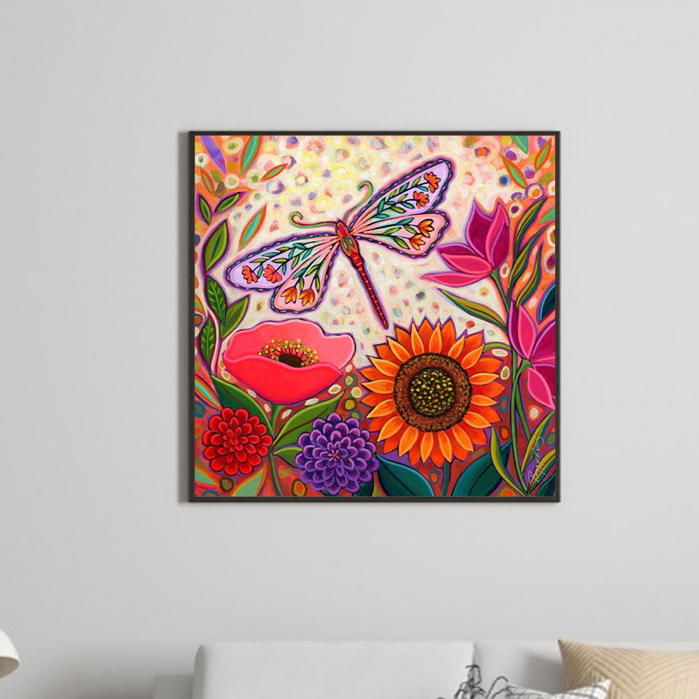Abstract Flowers And Dragonflies - Full Round Drill Diamond Painting 30*30CM