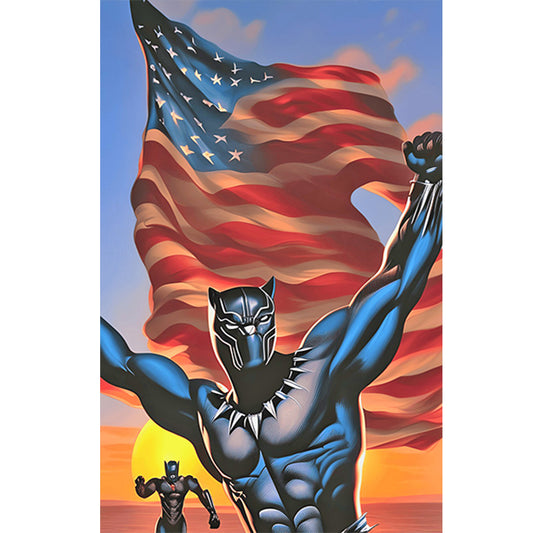 Black Panther With American Flag - Full Round Drill Diamond Painting 40*60CM