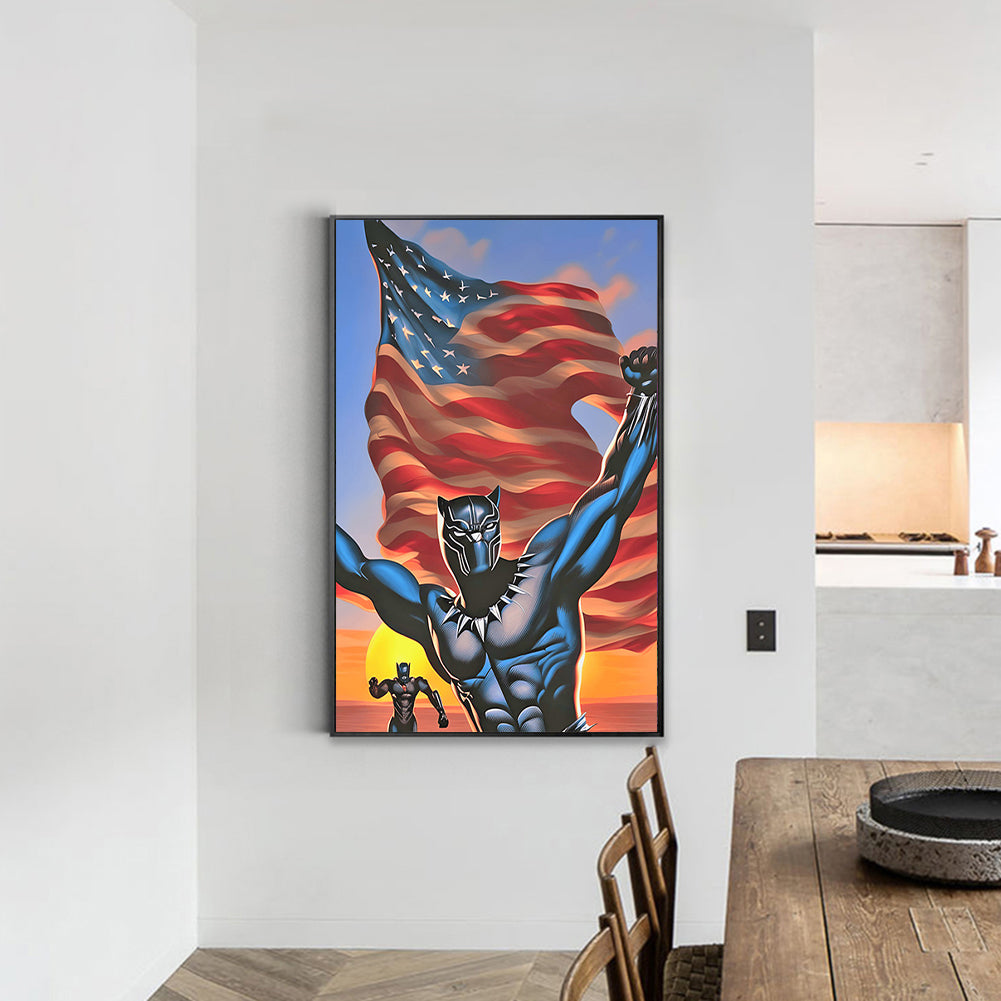 Black Panther With American Flag - Full Round Drill Diamond Painting 40*60CM