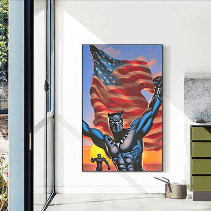 Black Panther With American Flag - Full Round Drill Diamond Painting 40*60CM