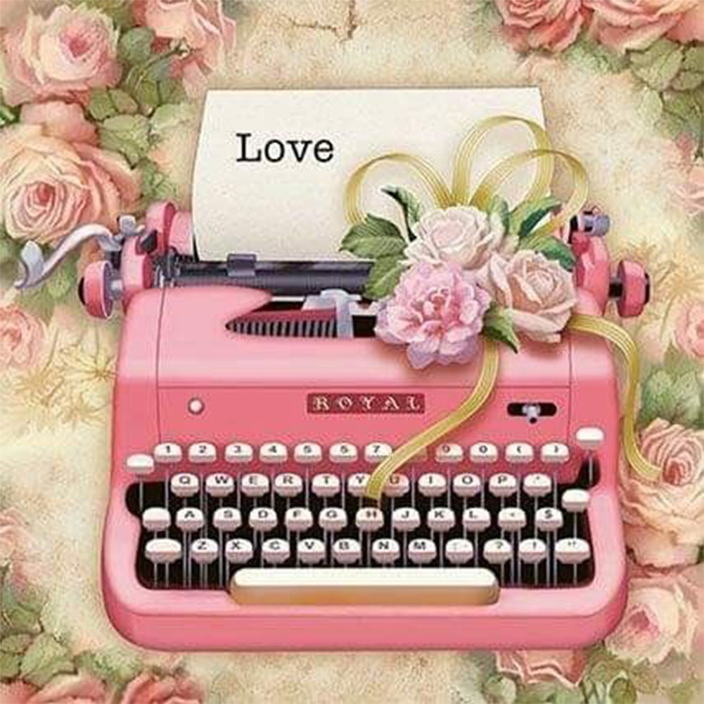 Pink Flower Typewriter - Full Round Drill Diamond Painting 30*30CM