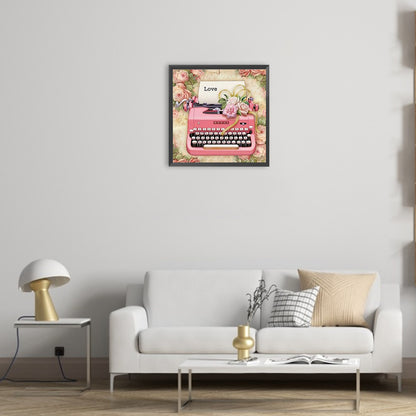 Pink Flower Typewriter - Full Round Drill Diamond Painting 30*30CM