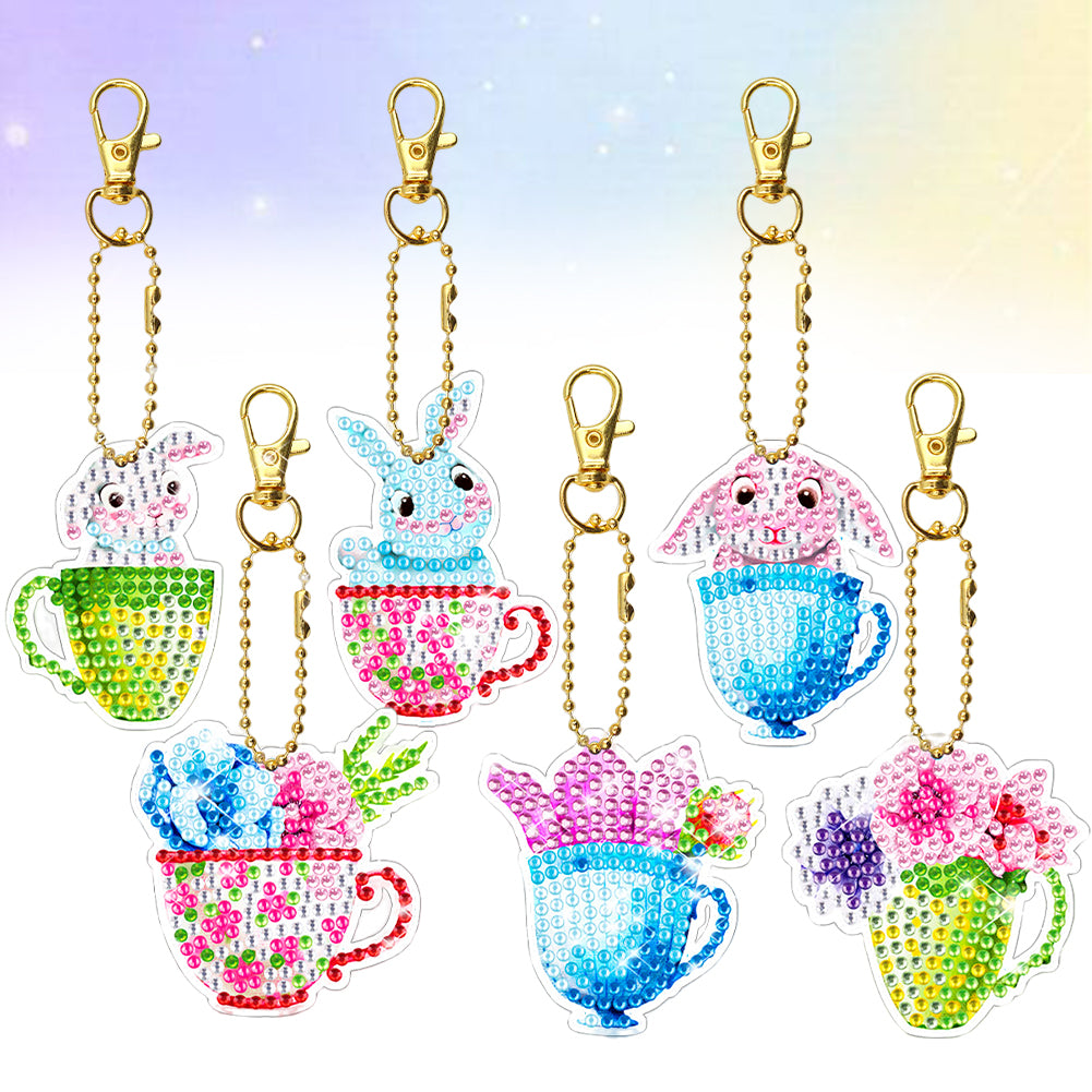 6pcs Diamond Art Key Rings Art Craft 5D Double Sided DIY Hanging Ornaments Gifts