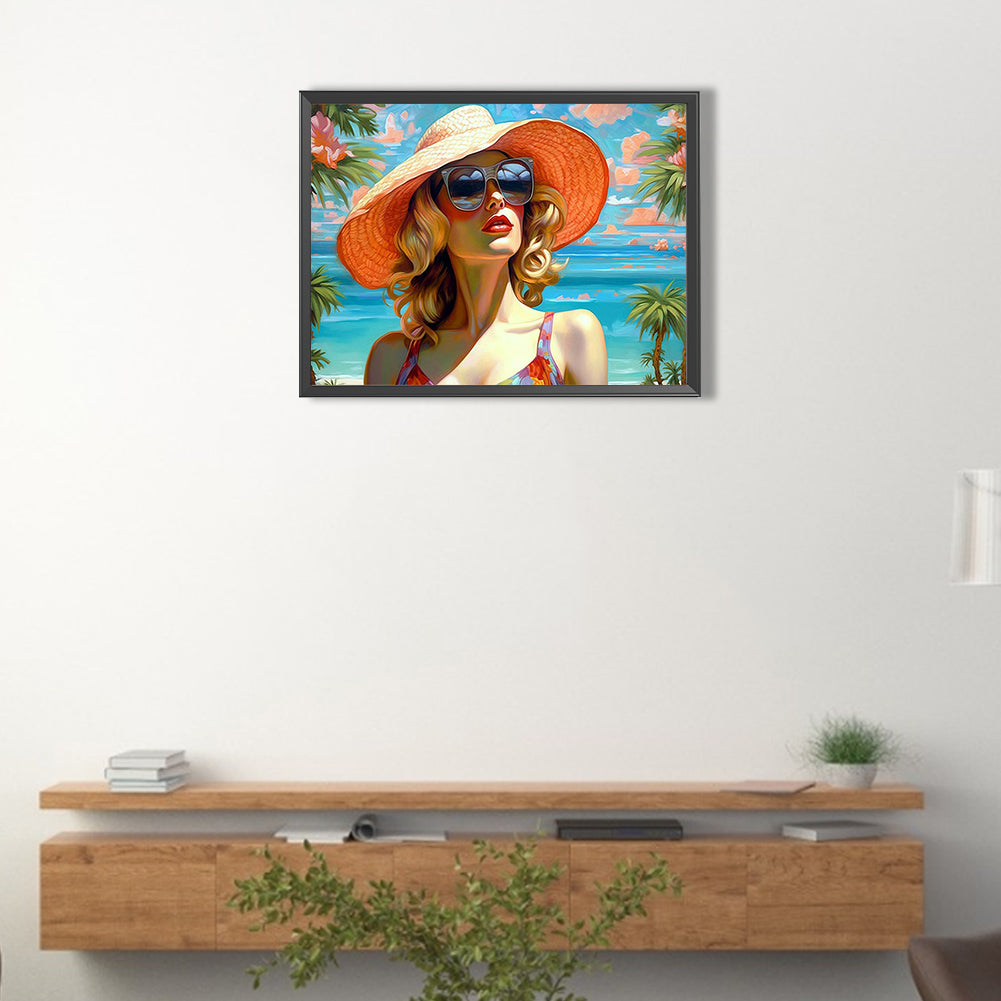 Woman In Hat - Full Round Drill Diamond Painting 40*30CM