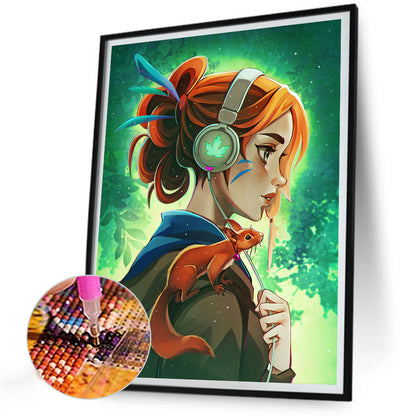 Girl With Headphones And Squirrel - Full Round Drill Diamond Painting 30*40CM