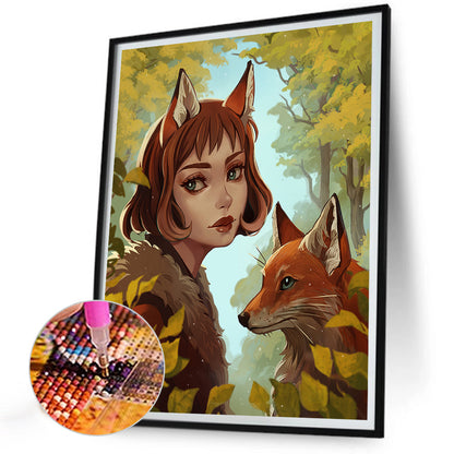 The Girl With Fox Ears And The Fox - Full Round Drill Diamond Painting 30*40CM