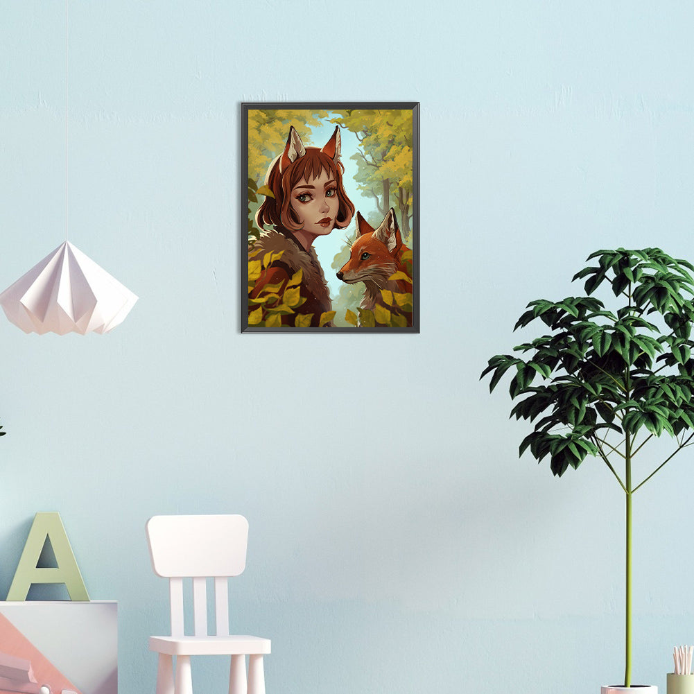 The Girl With Fox Ears And The Fox - Full Round Drill Diamond Painting 30*40CM