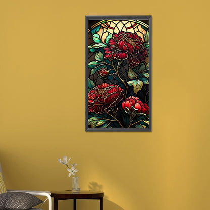 Red Peony Glass Painting - Full Round Drill Diamond Painting 30*60CM