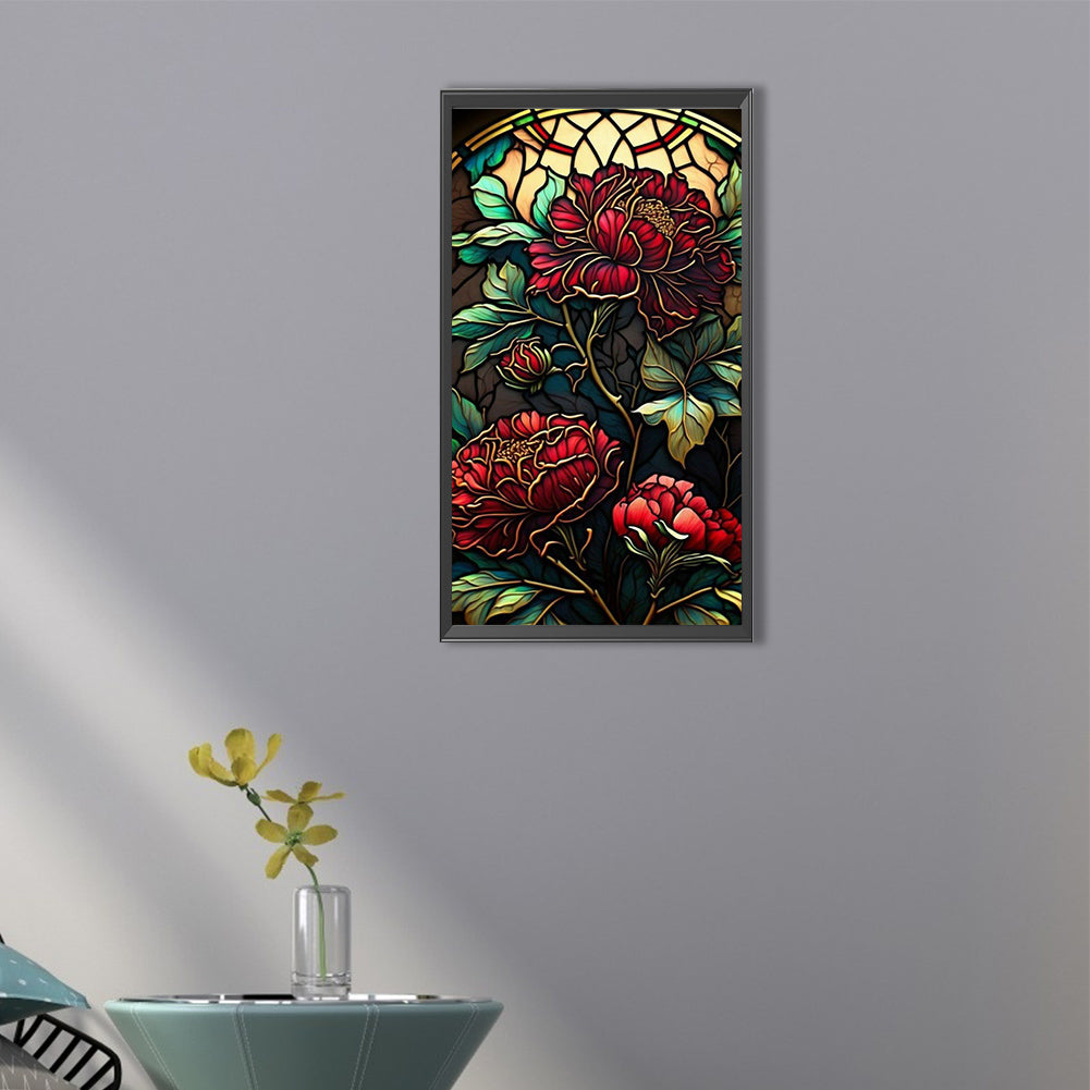 Red Peony Glass Painting - Full Round Drill Diamond Painting 30*60CM