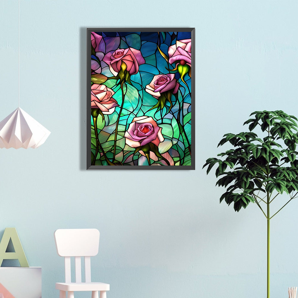 Pink Rose Glass Painting - Full Round Drill Diamond Painting 40*60CM