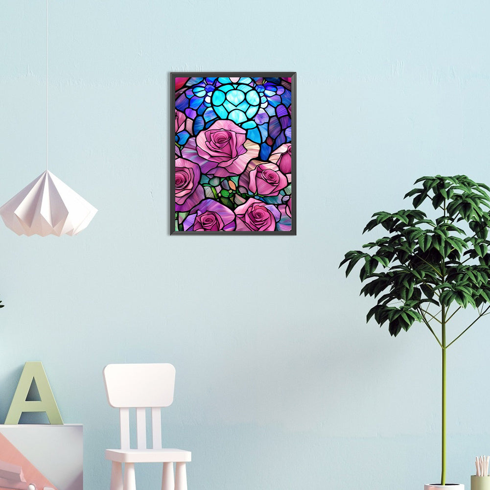 Pink Rose Glass Painting - Full Round Drill Diamond Painting 30*40CM