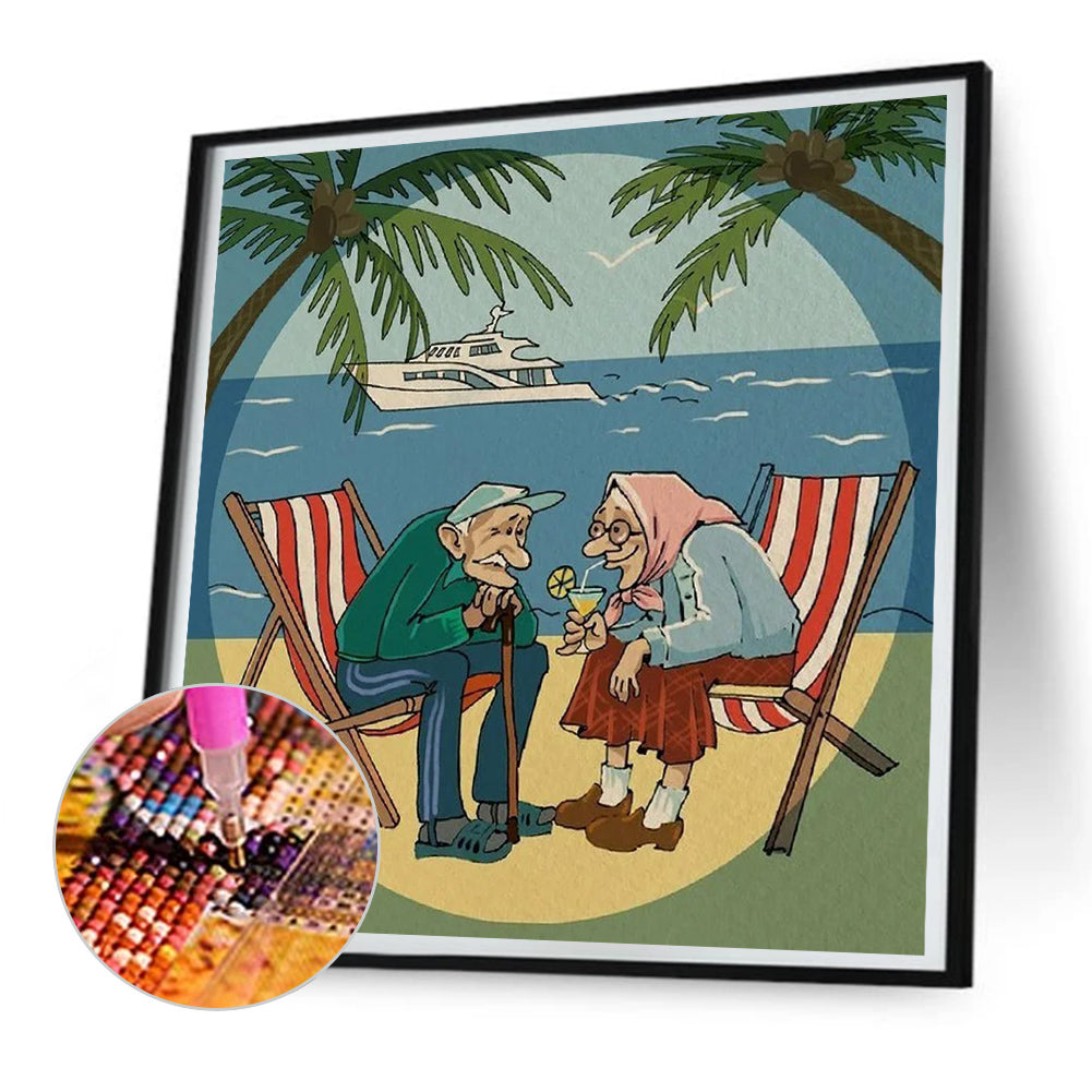 Elderly Couple Sitting On Beach Chairs - Full Round Drill Diamond Painting 30*30CM