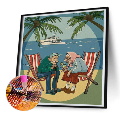 Elderly Couple Sitting On Beach Chairs - Full Round Drill Diamond Painting 30*30CM