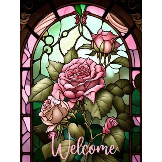 Pink Rose Glass Painting - AB Dril Round Diamond Painting 30*40CM