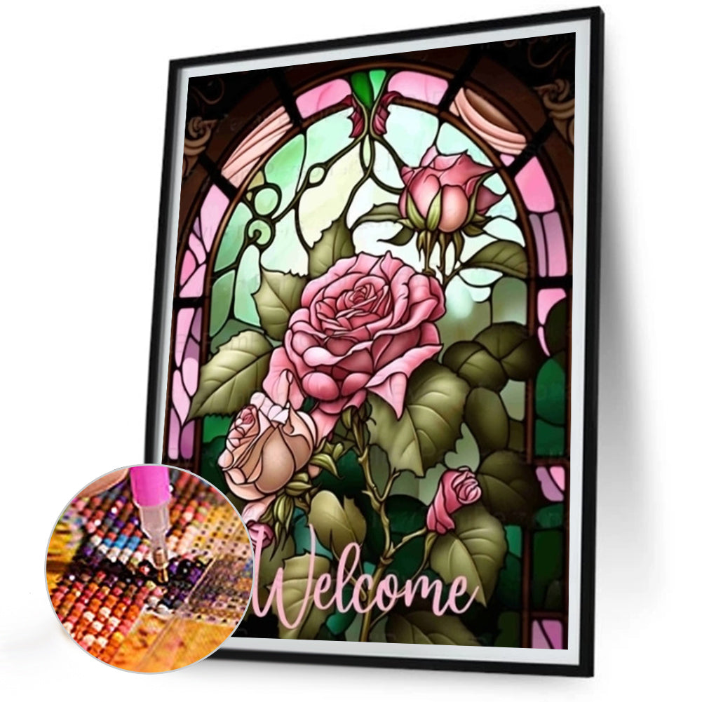 Pink Rose Glass Painting - AB Dril Round Diamond Painting 30*40CM