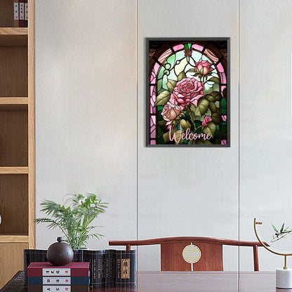 Pink Rose Glass Painting - AB Dril Round Diamond Painting 30*40CM