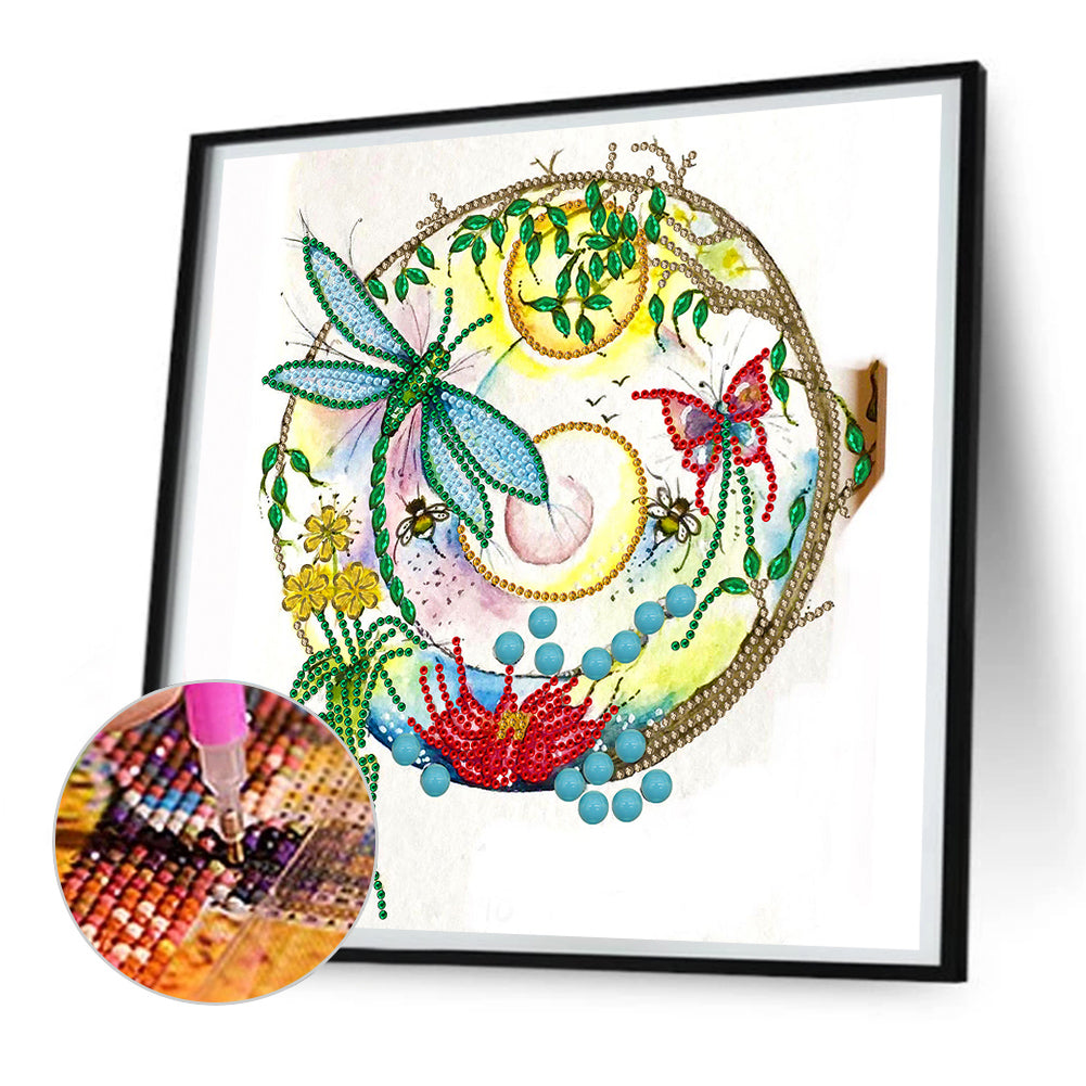 Dragonfly Flower Clock - Special Shaped Drill Diamond Painting 30*30CM