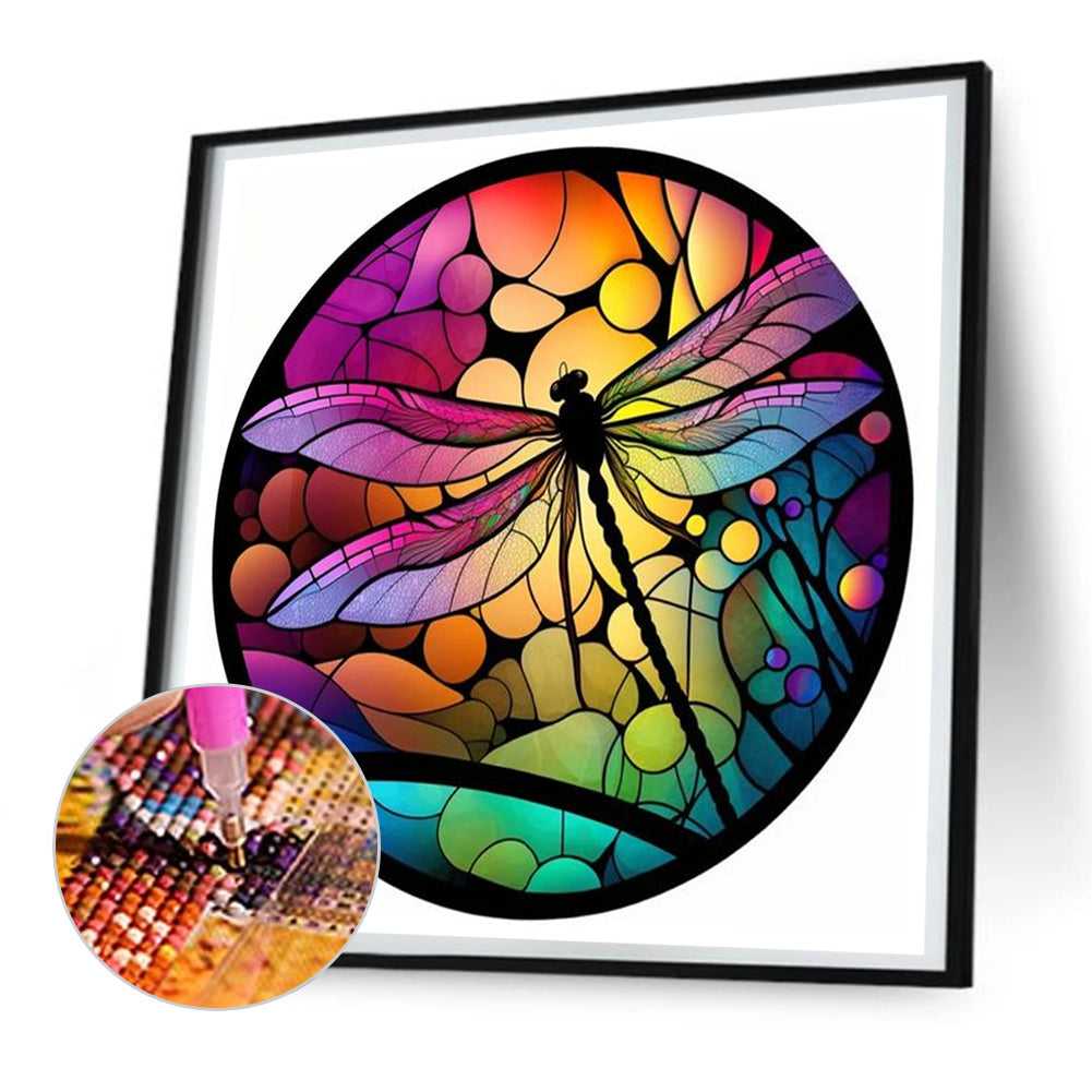 Dragonfly Painted On Round Plate Glass - Full Round Drill Diamond Painting 30*30CM