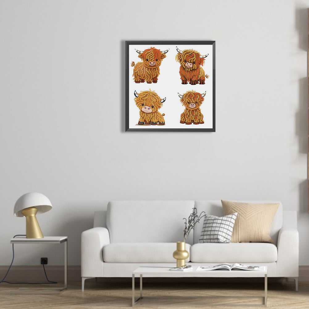 4 Cute Highland Cattle In The Same Frame - Special Shaped Drill Diamond Painting 30*30CM