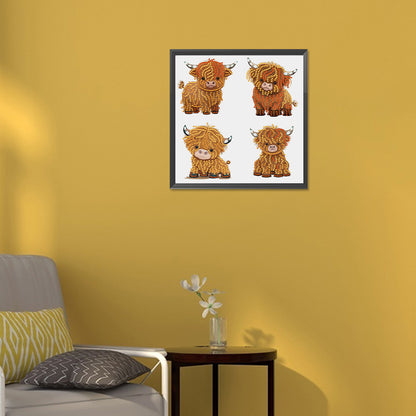 4 Cute Highland Cattle In The Same Frame - Special Shaped Drill Diamond Painting 30*30CM