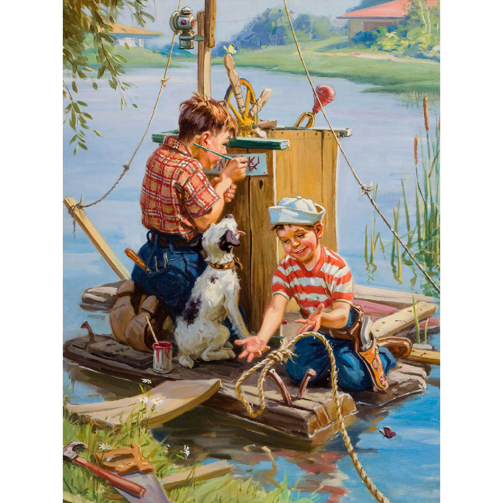 Child Playing In Water - Full Round Drill Diamond Painting 30*40CM