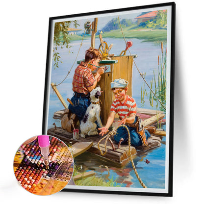 Child Playing In Water - Full Round Drill Diamond Painting 30*40CM
