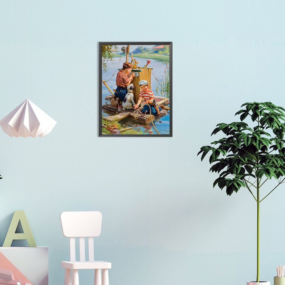 Child Playing In Water - Full Round Drill Diamond Painting 30*40CM