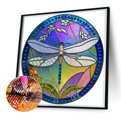 Dragonfly Painted On Round Plate Glass - Special Shaped Drill Diamond Painting 30*30CM