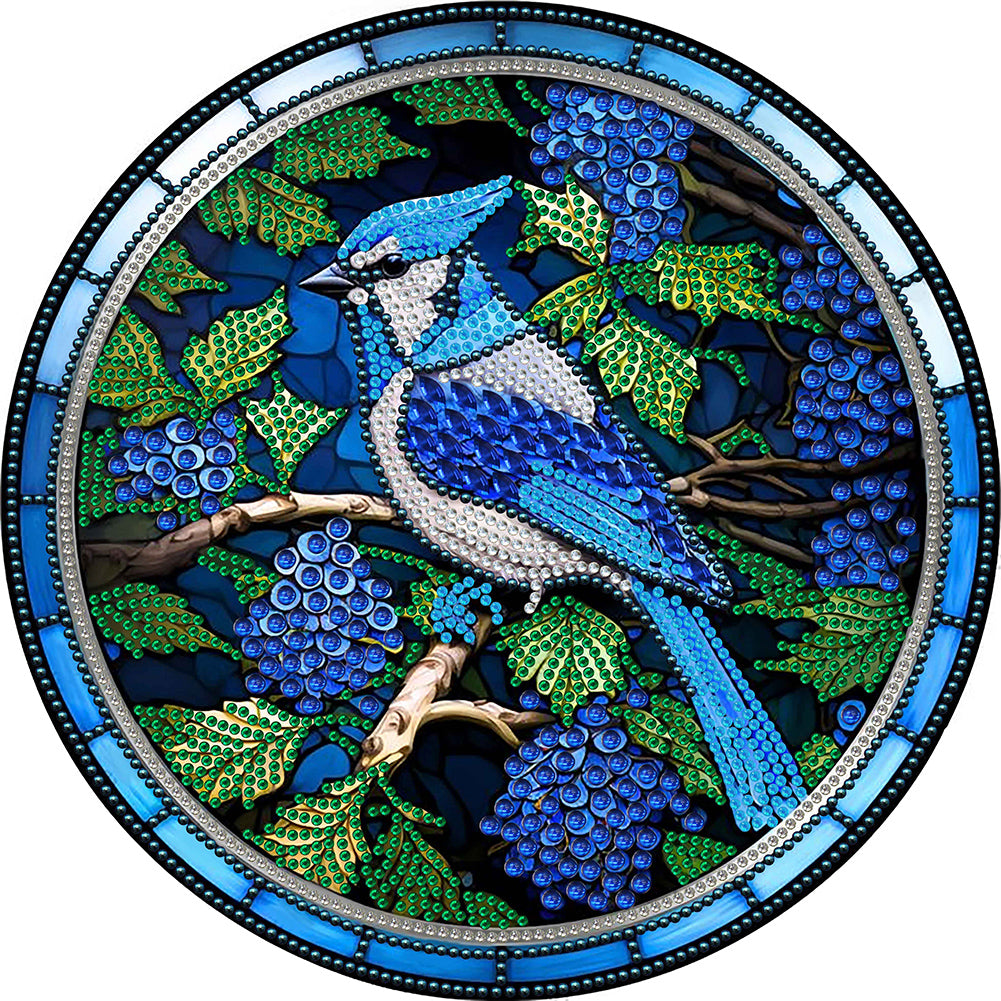 Round Plate Glass Painting Blue Bird - Special Shaped Drill Diamond Painting 30*30CM