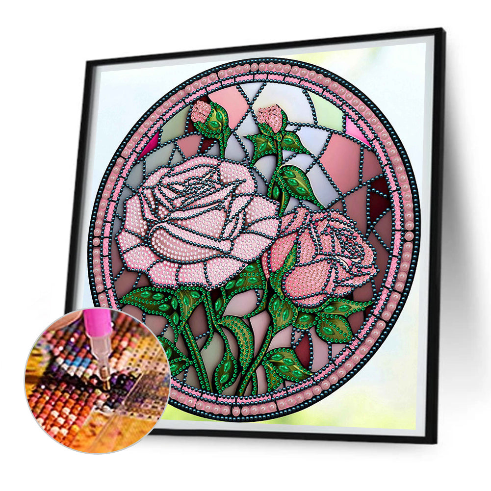 Round Card Glass Painted Pink Rose - Special Shaped Drill Diamond Painting 30*30CM