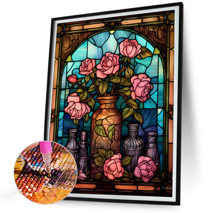 Rose Vase Glass Painting - Full Round Drill Diamond Painting 30*40CM