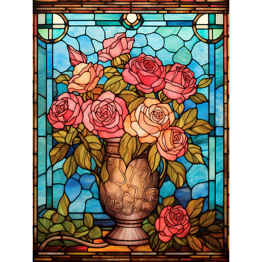 Rose Vase Glass Painting - Full Round Drill Diamond Painting 30*40CM