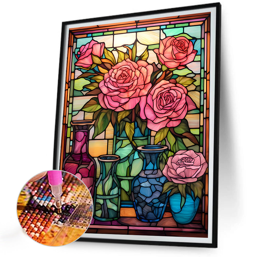 Rose Vase Glass Painting - Full Round Drill Diamond Painting 30*40CM