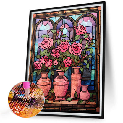 Rose Vase Glass Painting - Full Round Drill Diamond Painting 30*40CM