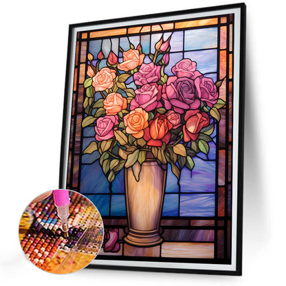 Rose Vase Glass Painting - Full Round Drill Diamond Painting 30*40CM