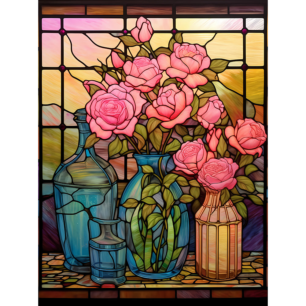 Rose Vase Glass Painting - Full Round Drill Diamond Painting 30*40CM