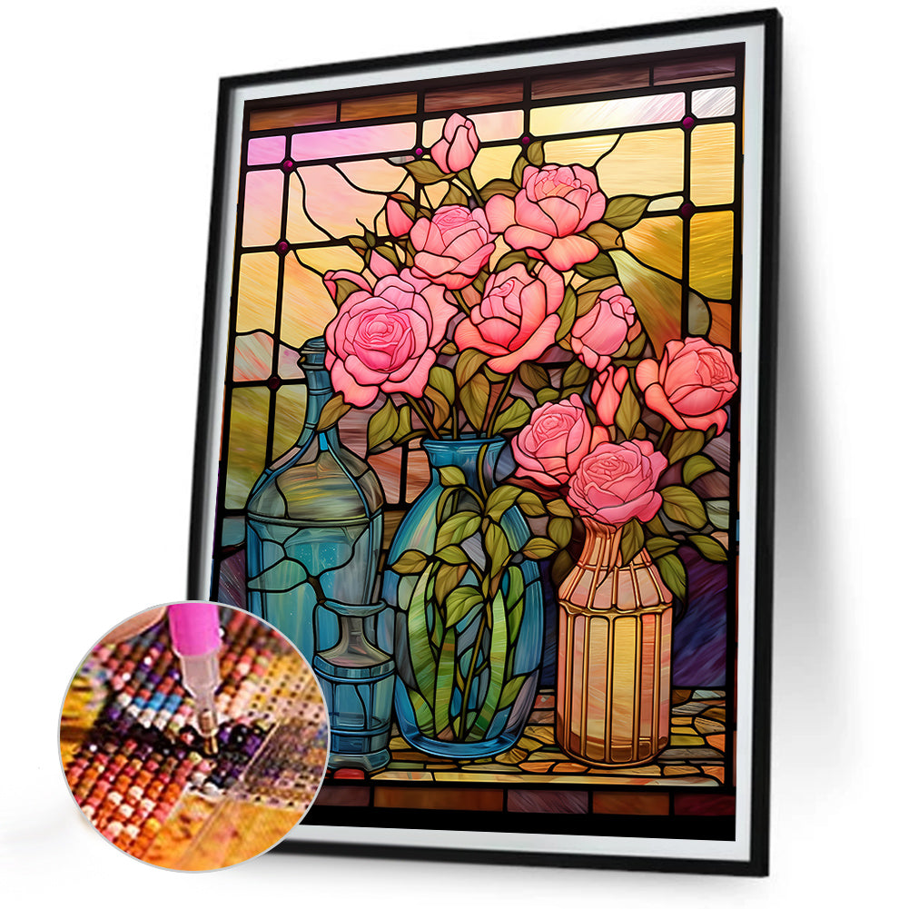 Rose Vase Glass Painting - Full Round Drill Diamond Painting 30*40CM