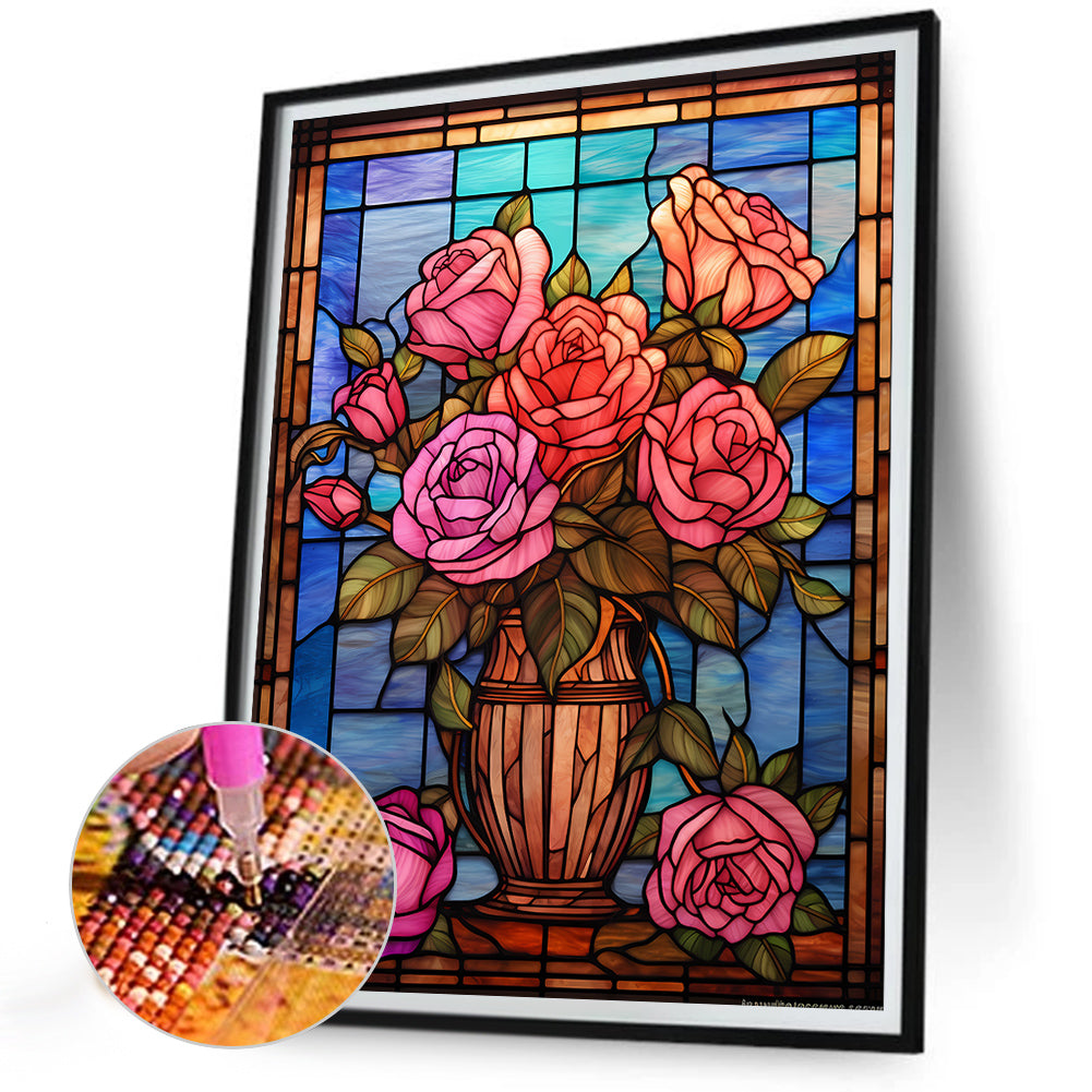 Rose Vase Glass Painting - Full Round Drill Diamond Painting 30*40CM