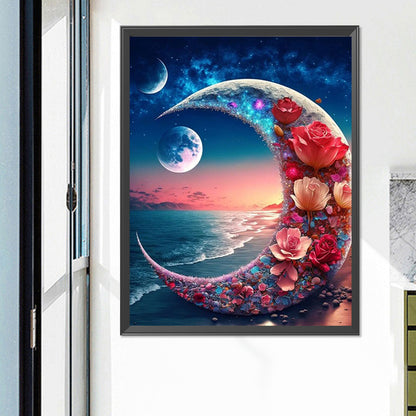 Seaside Flowers Bright Moon - Full Square Drill Diamond Painting 50*60CM