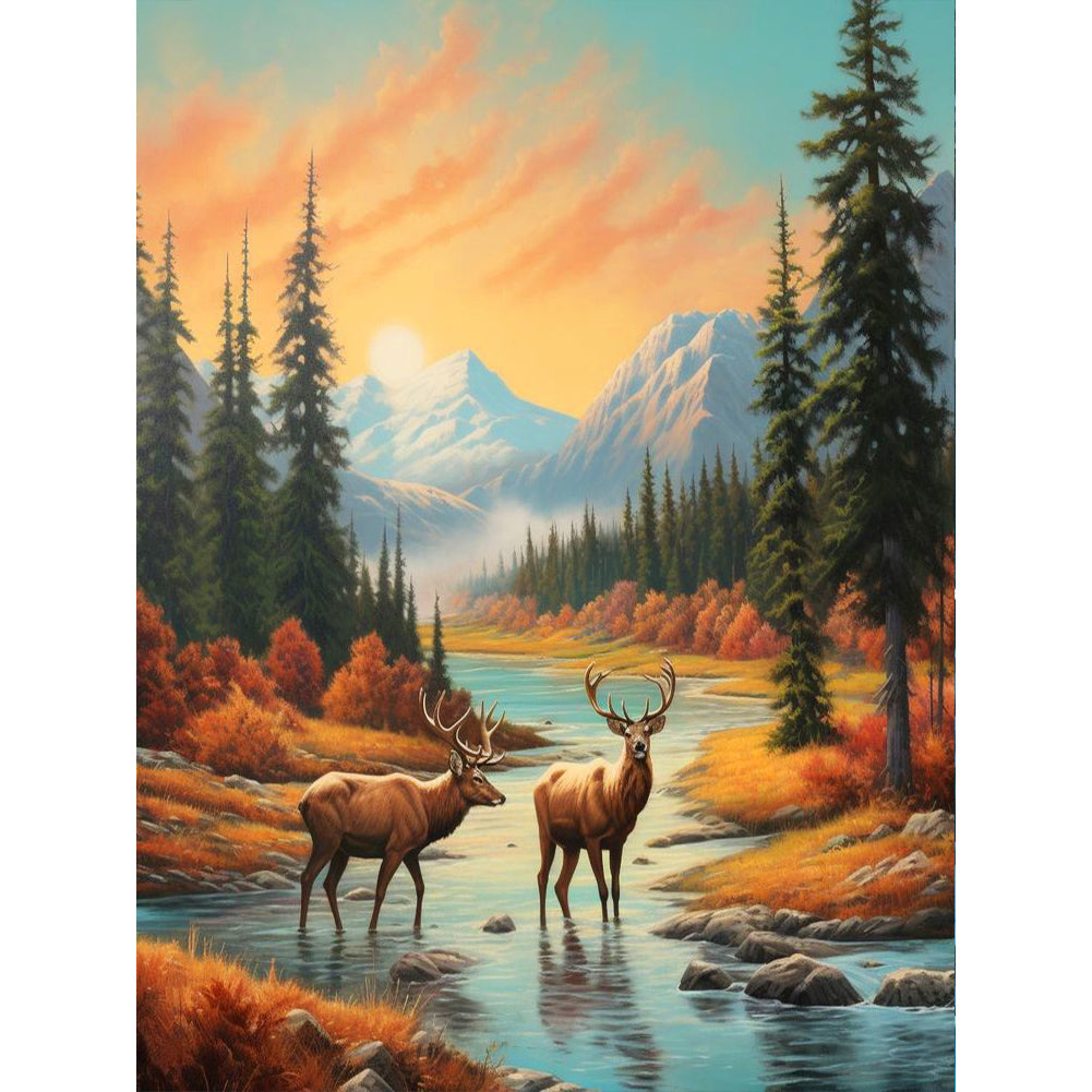Deer In The River - Full Round Drill Diamond Painting 30*40CM